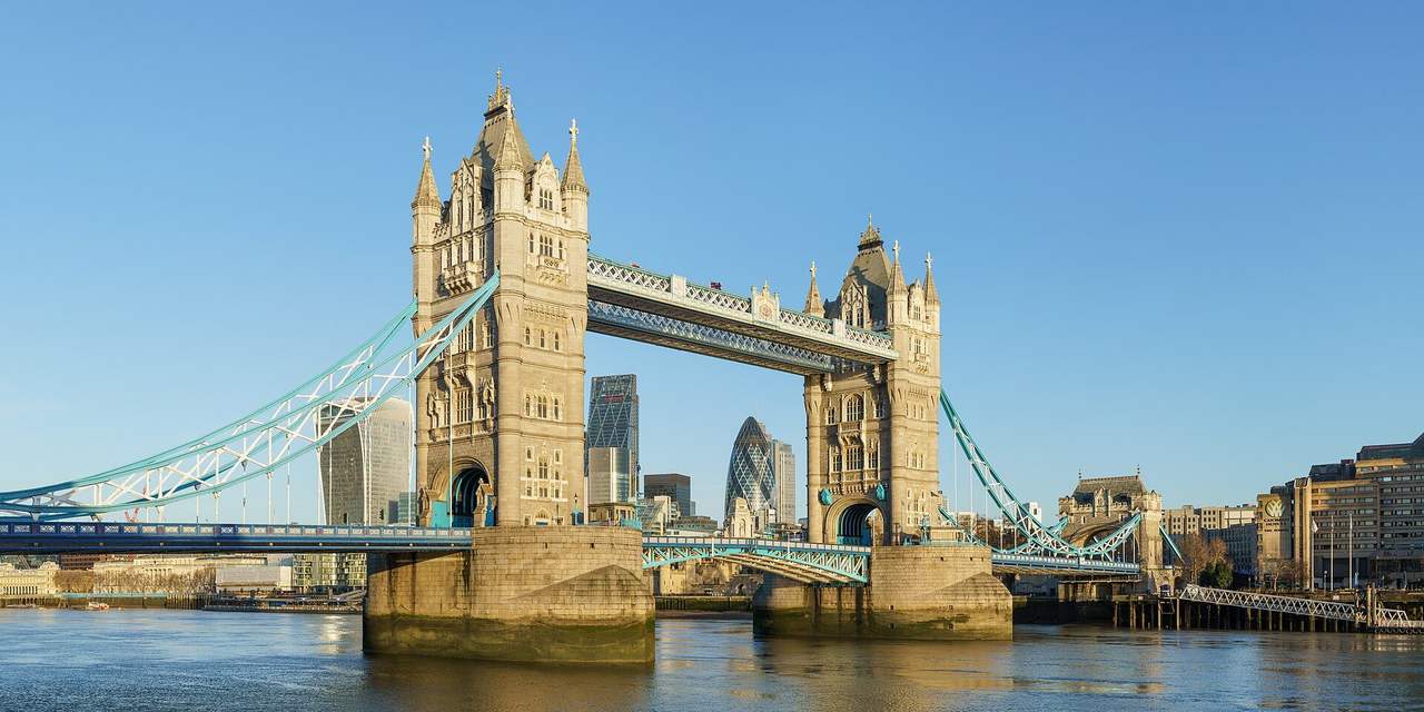 Tower Bridge from Shad Thames, day, blue sky (London is why Tilbury exists)
