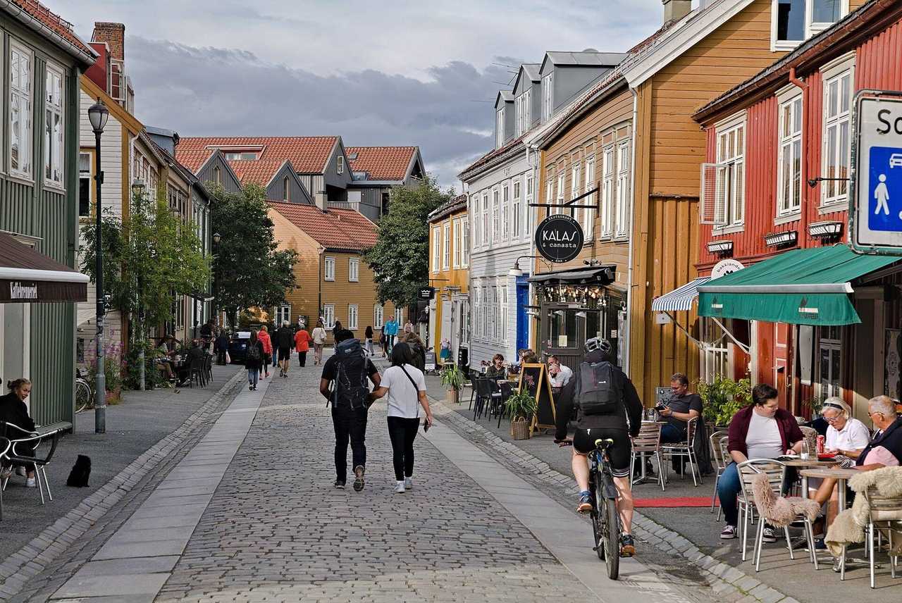 Bakklandet wooden street, Trondheim, day, pale blue sky