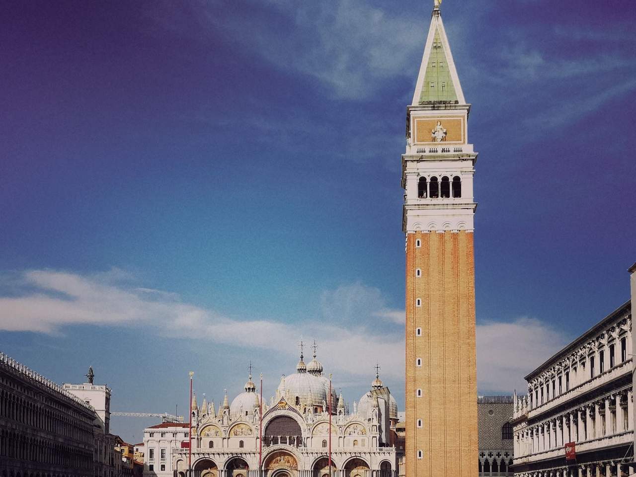 Piazza San Marco, Campanile and Basilica, Venice, day, blue sky