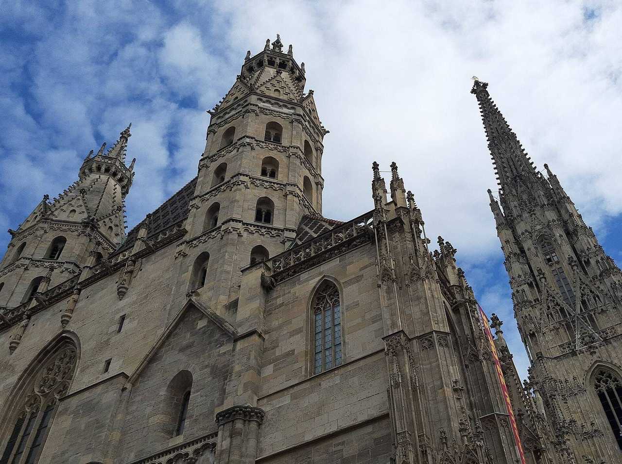 Stephansdom towers from Stephansplatz, day, blue sky