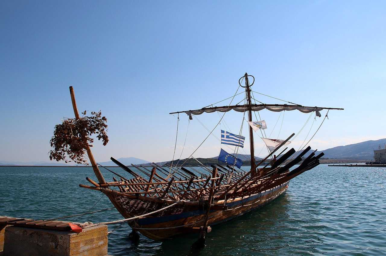 Argo replica ship at Volos waterfront, day, clear blue sky