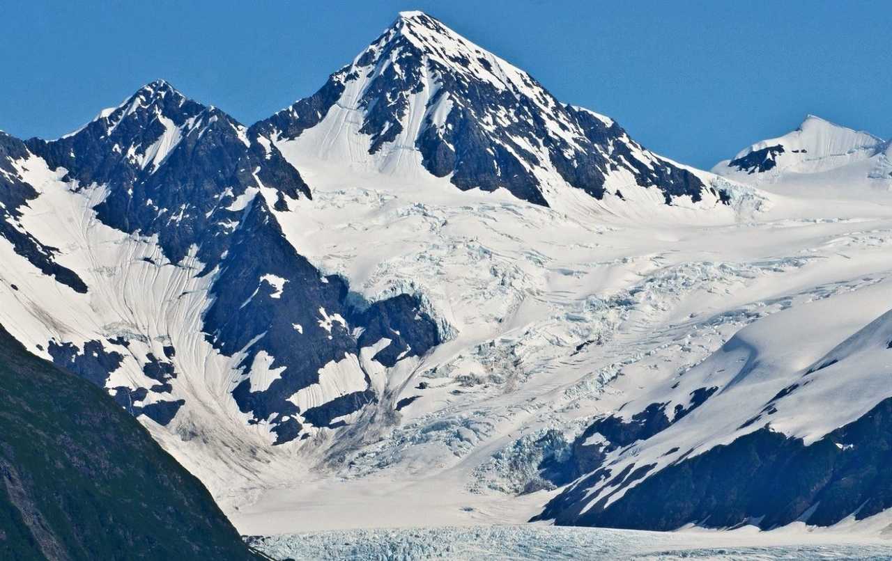 Passage Peak glacier mountain from Whittier, day, solid blue sky