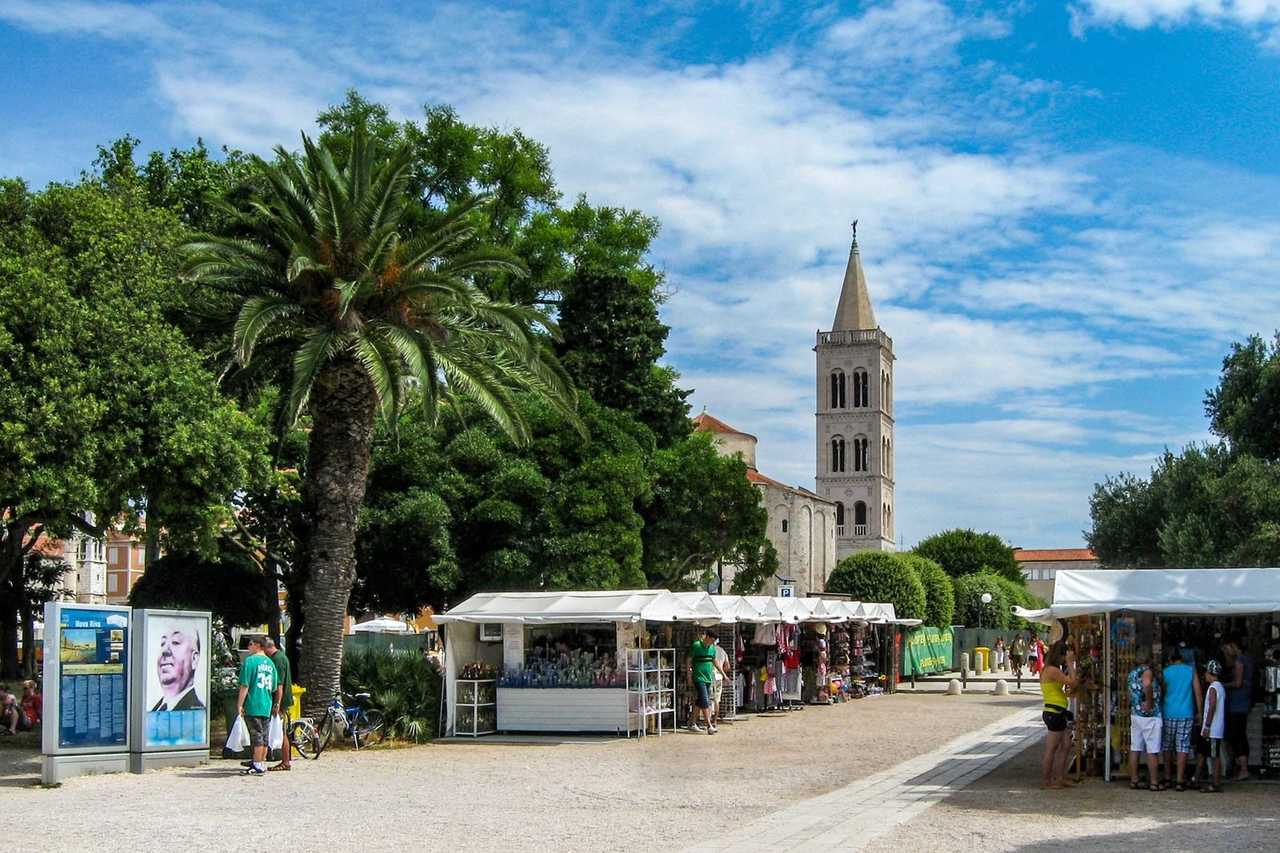 Zadar market plaza with cathedral bell tower and St