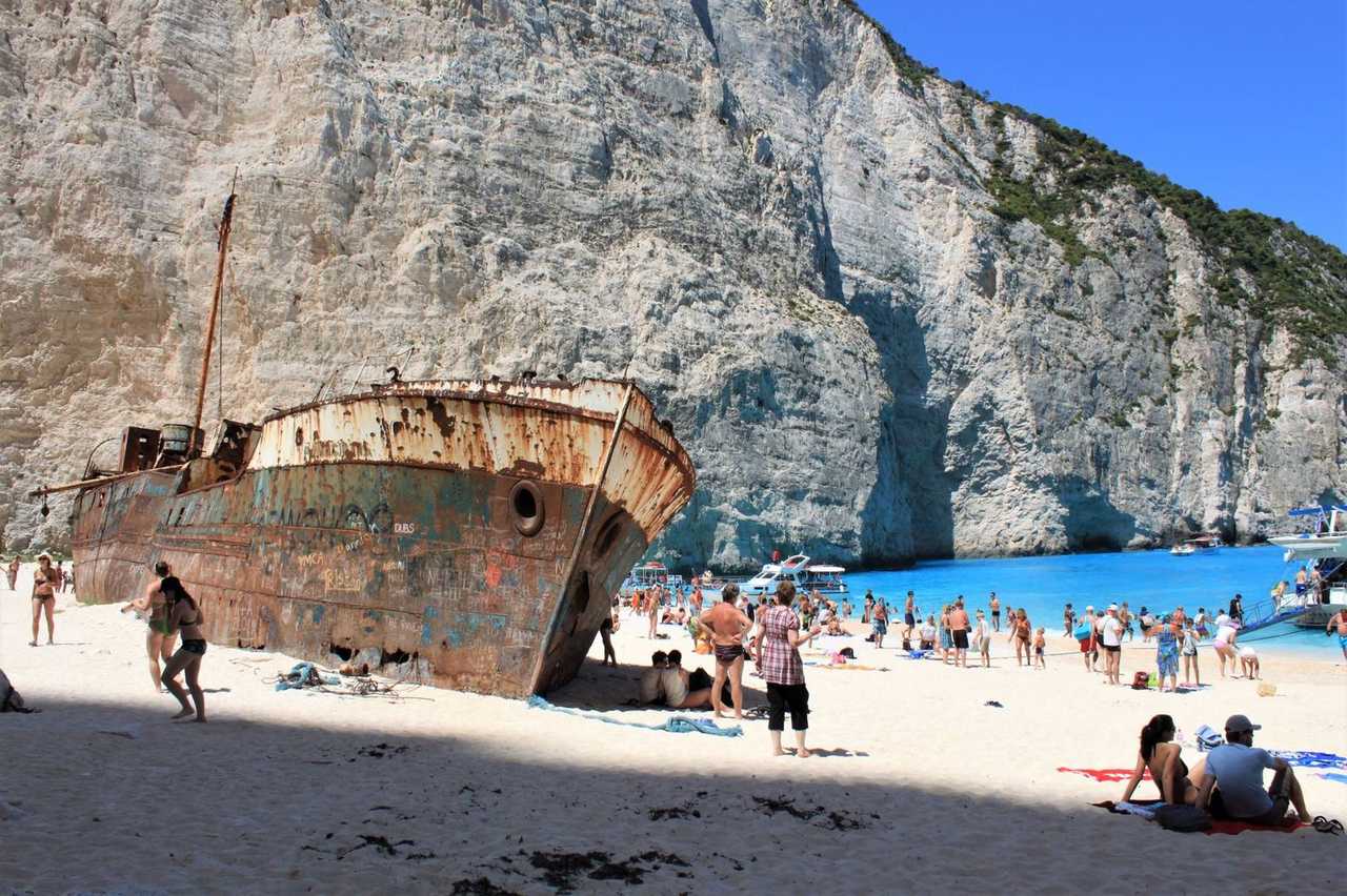 Navagio (Shipwreck) Beach, Zakynthos, day, solid blue sky