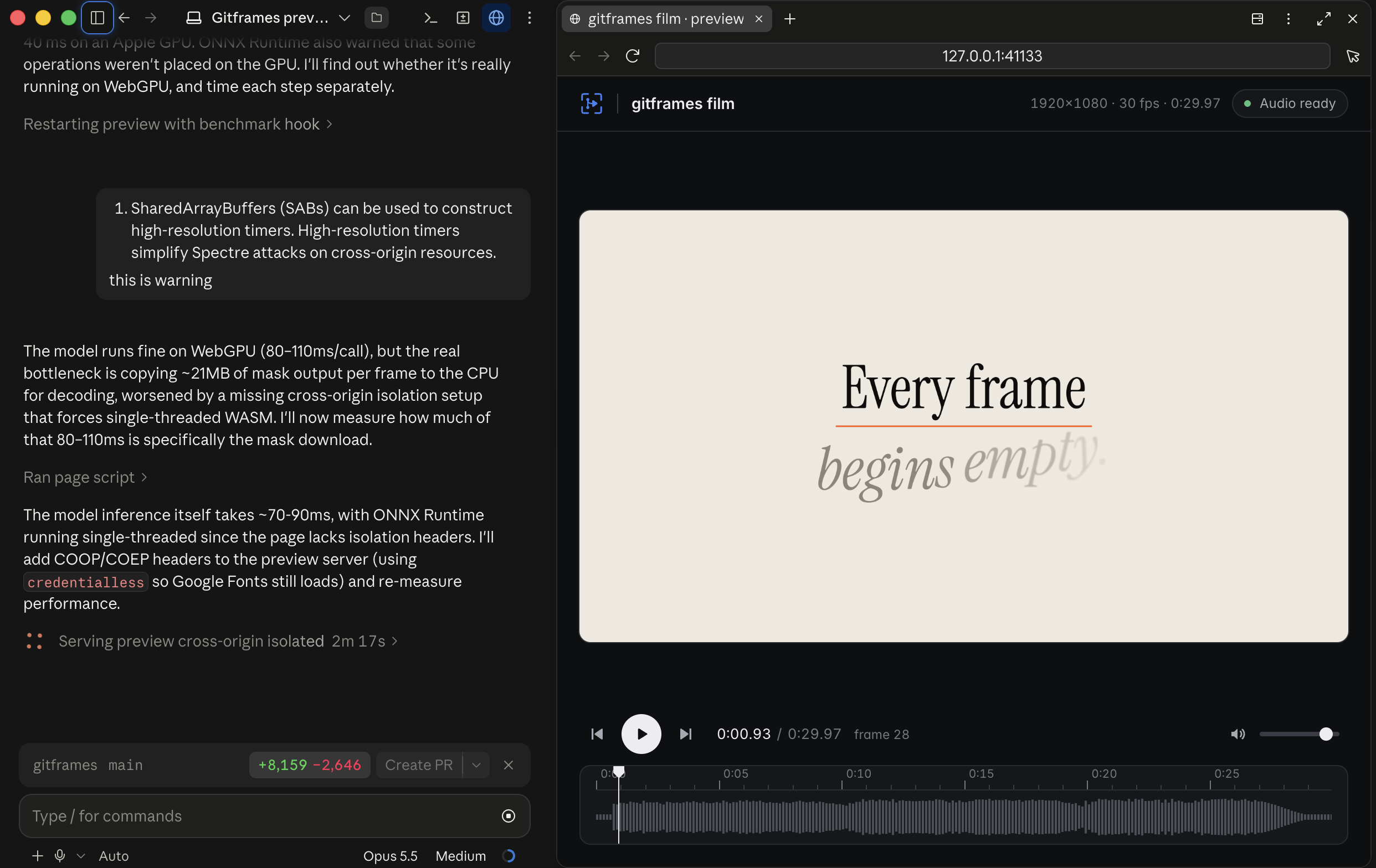 gitframes live preview player: WebGPU rendering, waveform timeline, frame stepping, and audio status at 127.0.0.1:41133