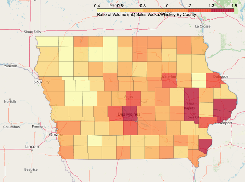 Choropleth of Vodka Sales to Whiskey Sales Ratio