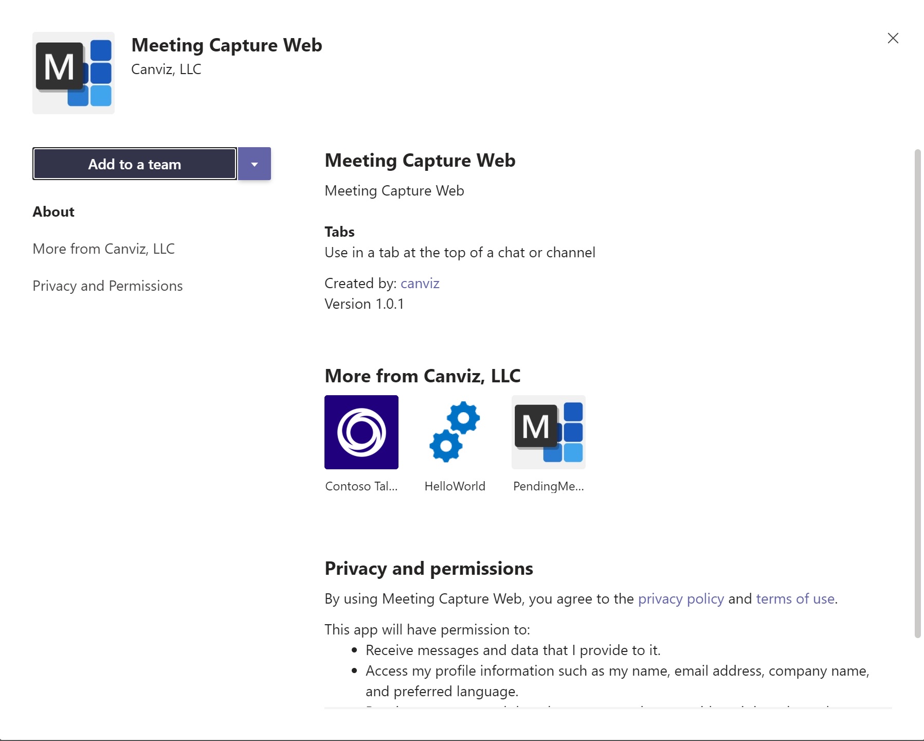 Add Meeting Capture Web app to team