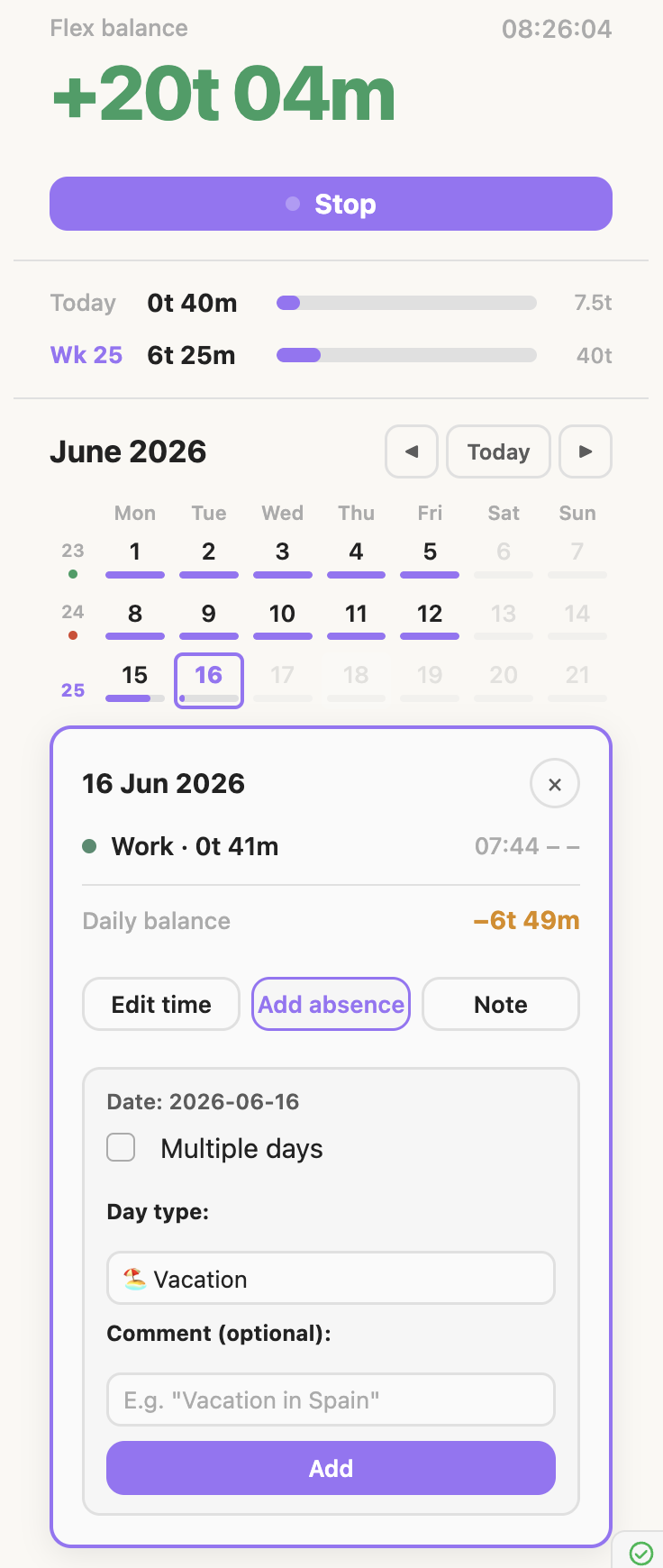 Registering an absence from the calendar's inline day drawer