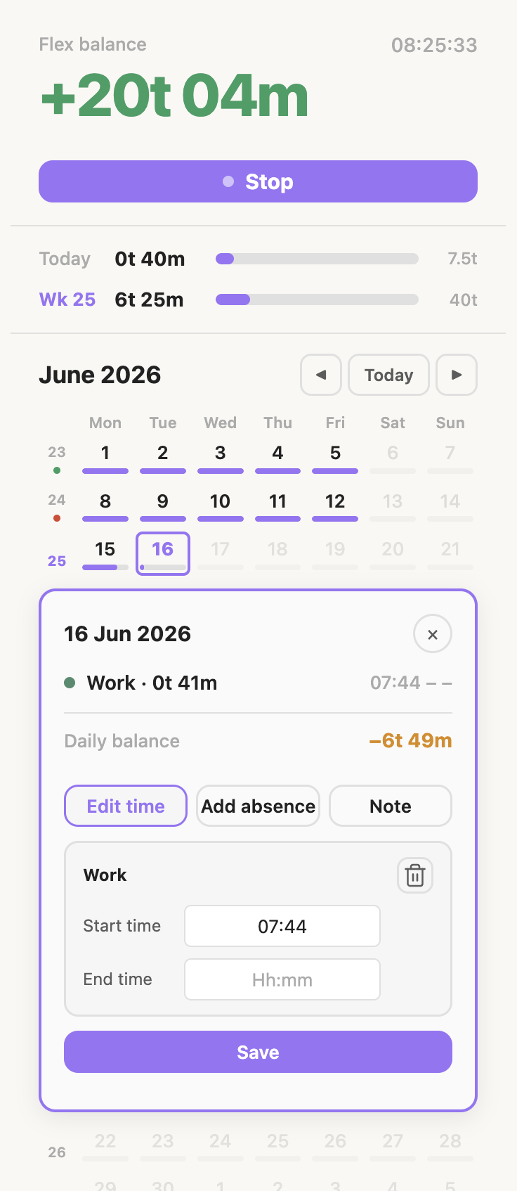 Editing a day's time entries in the calendar's inline drawer