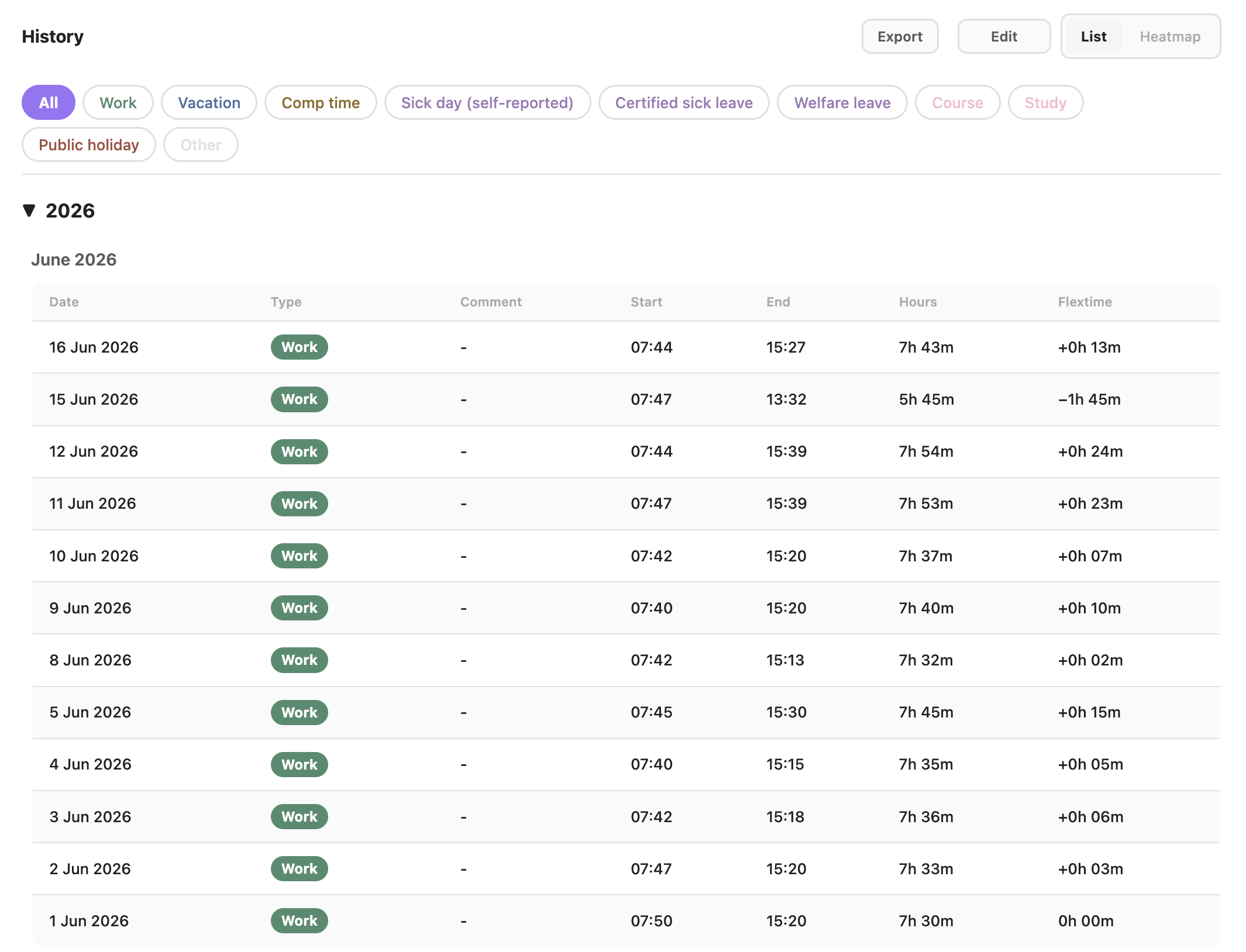 History — list view with day-type filters, grouped by month
