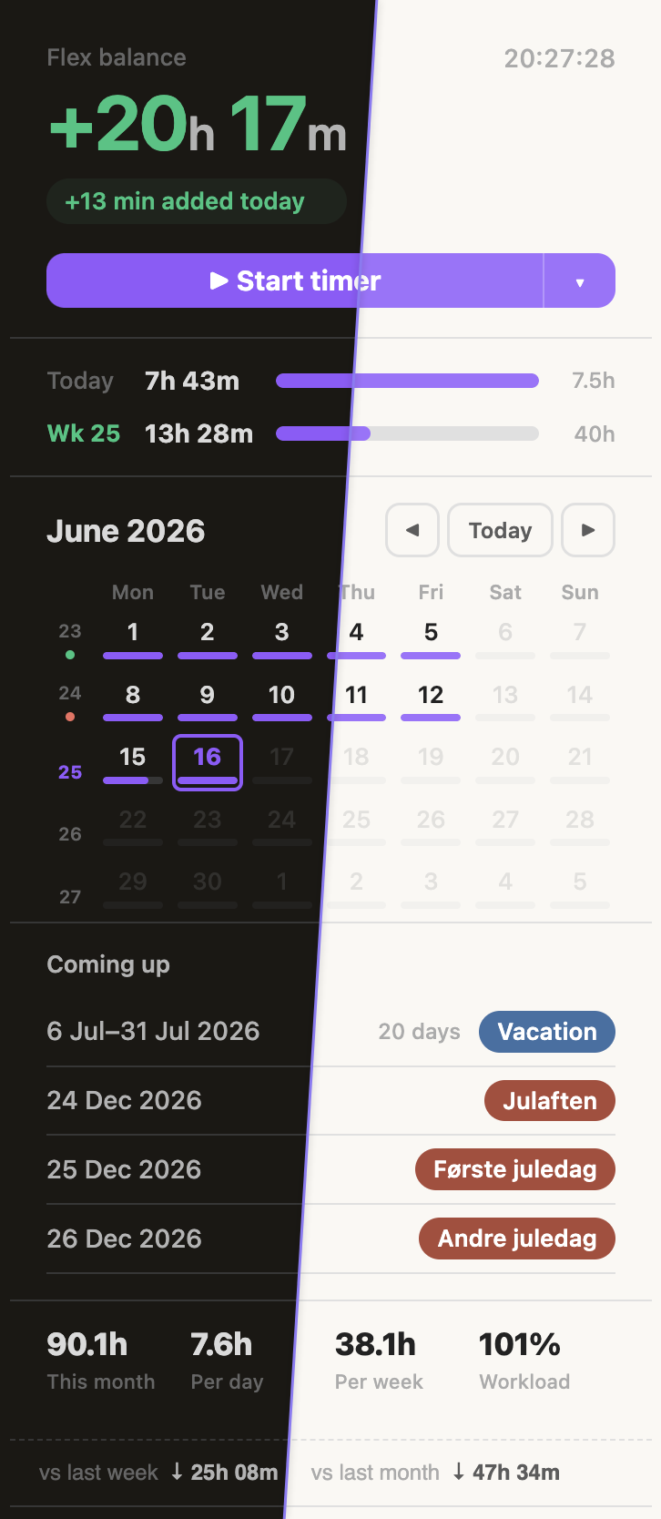 Timeflow in the sidebar — narrow layout, shown in both light and dark themes