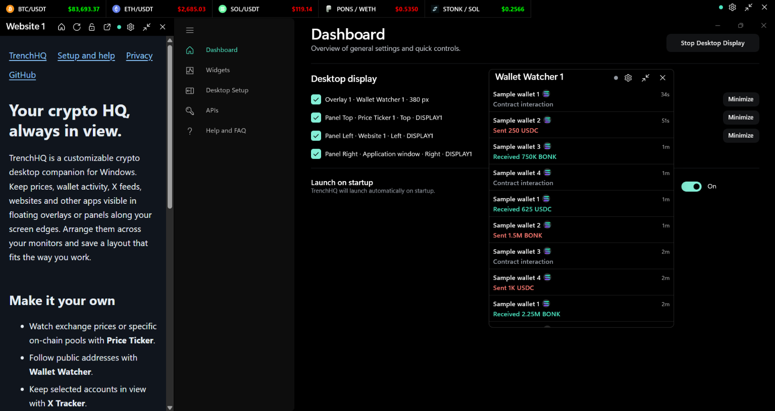 TrenchHQ desktop with a top price ticker, website side panel and wallet activity overlay