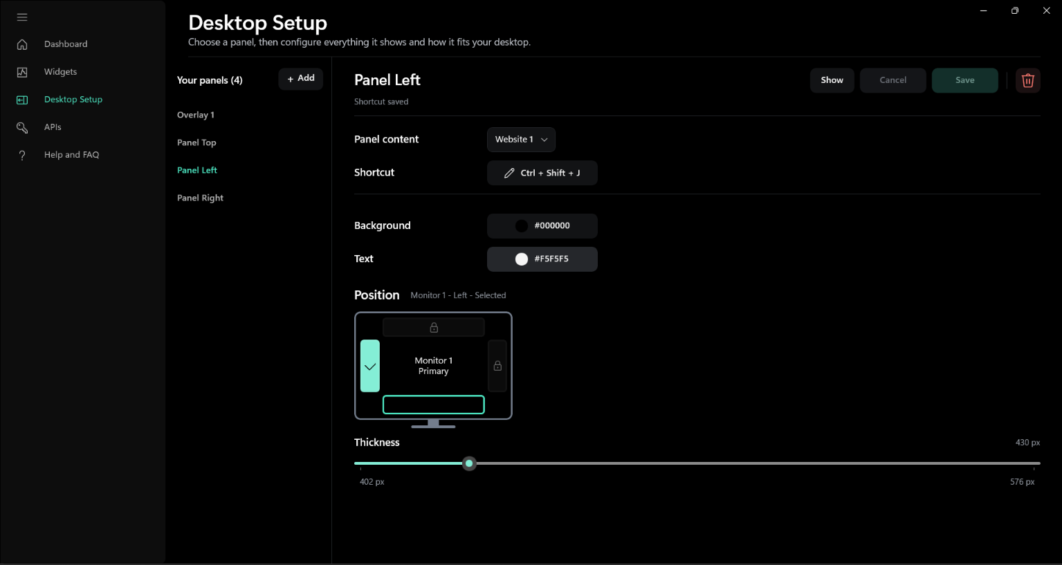 Desktop Setup showing panel content, shortcut, colors, screen position and thickness