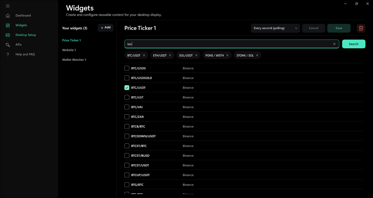 Widgets editor with Bitcoin search results and selected ticker markets