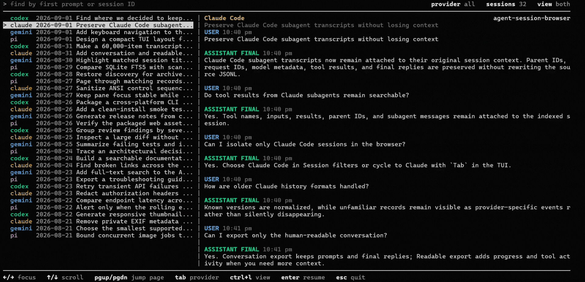 Agent Session Browser TUI demo showing cross-provider browsing, transcript search, provider filtering, and layout switching