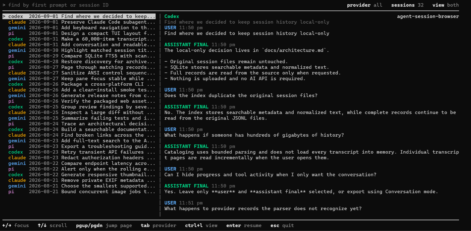 Agent Session Browser terminal UI with session and transcript panes