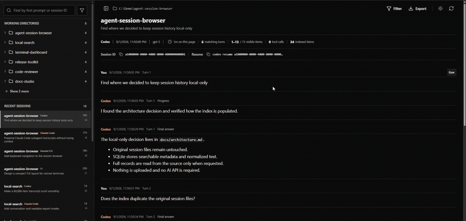 Agent Session Browser web demo showing session browsing, transcript filtering, and export