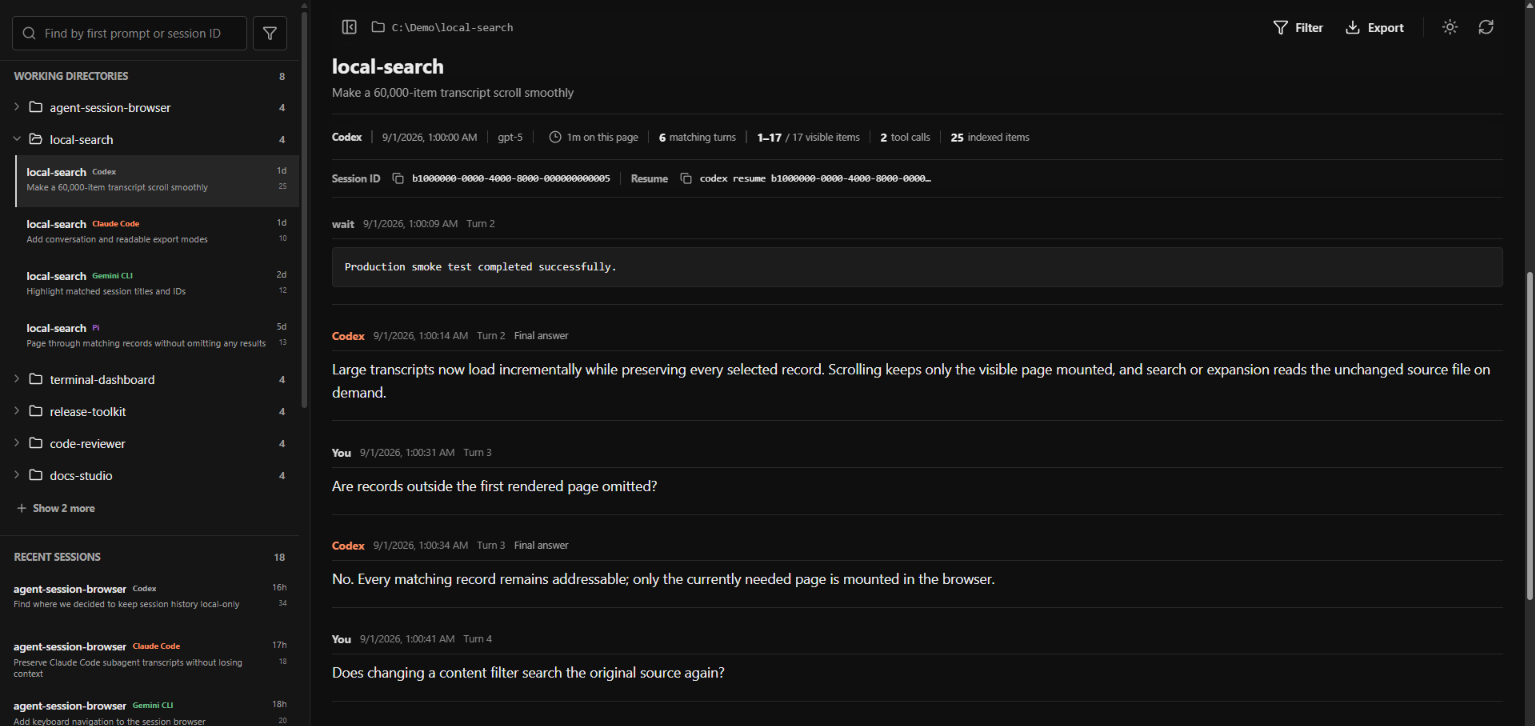 Agent Session Browser web interface showing working-directory groups, recent sessions, and a readable transcript