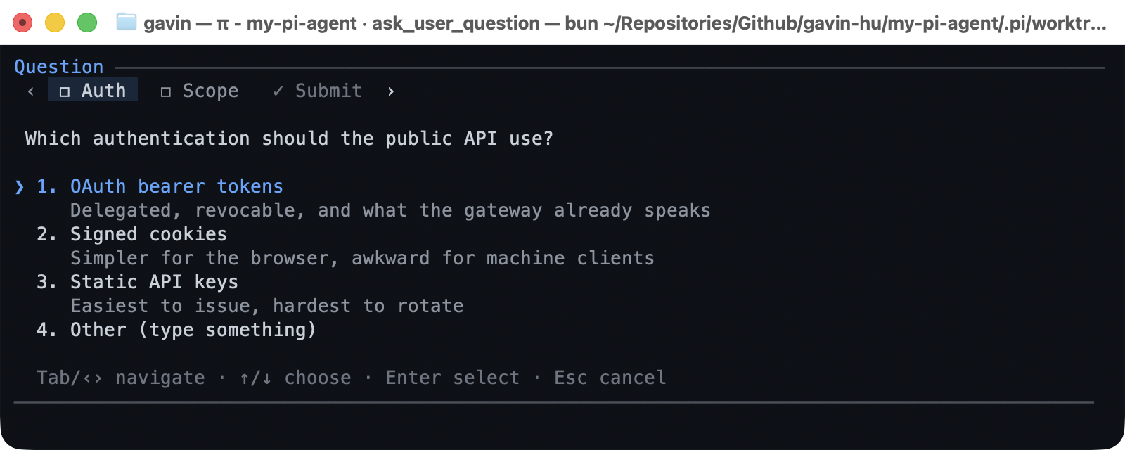 ask_user_question 对话框：Auth 与 Scope 标签页、问题、四个带说明的编号选项，以及导航提示