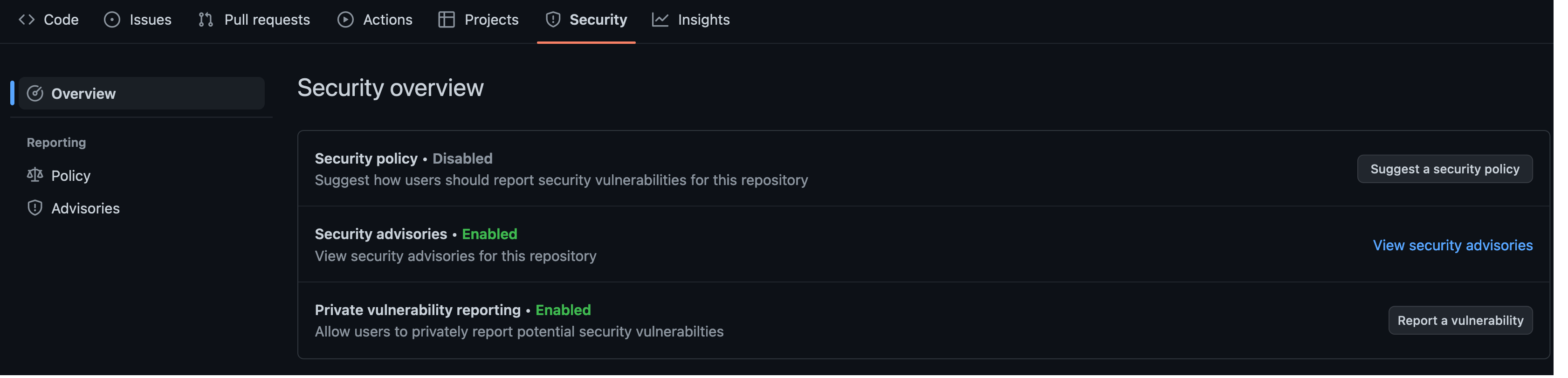 Screenshot of repo security tab showing "Report a vulnerability" button