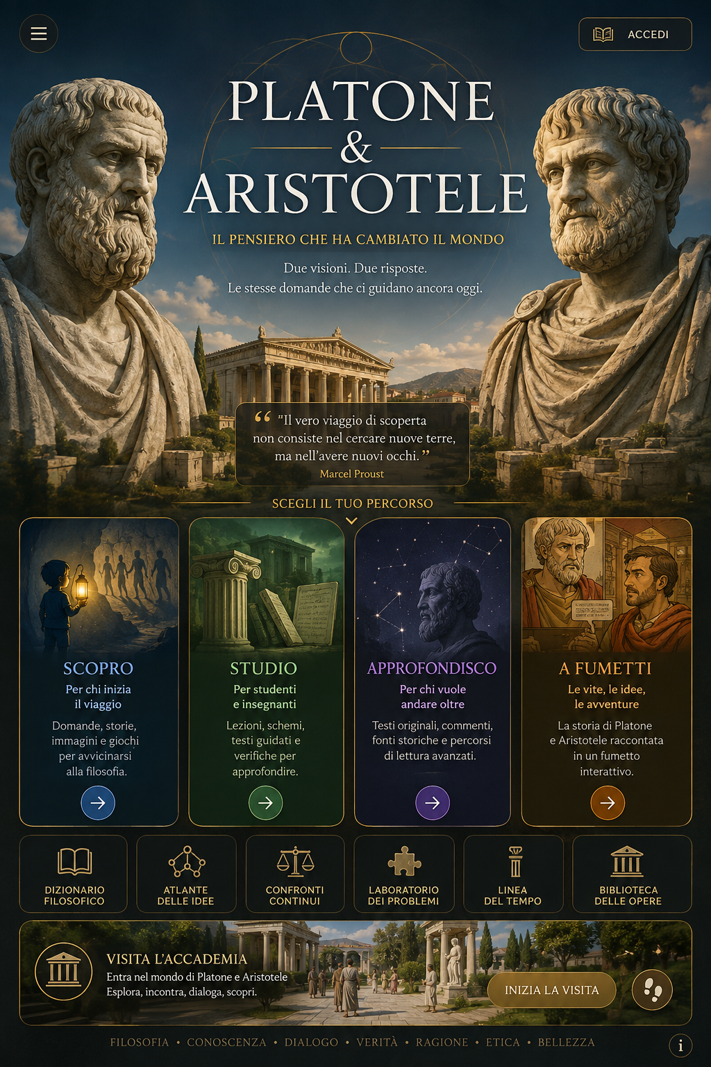 Platone e Aristotele davanti all’Accademia, con i percorsi Scopro, Studio, Approfondisco e A fumetti.