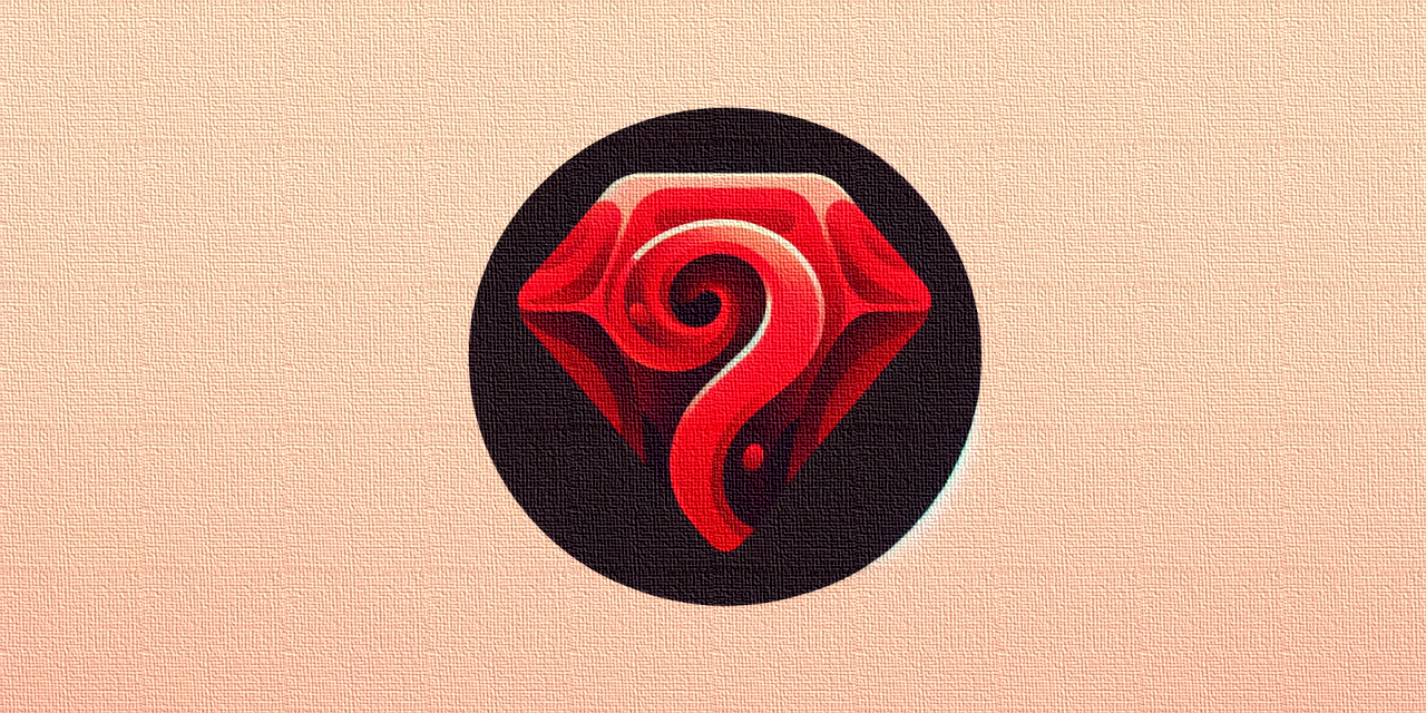 The logo depicts a ruby with a liquid-like interior on a peach background. The gem has a flowing lava appearance, with swirls of red and pink suggesting movement, resembling molten rock. Darker red edges and a circular dark border frame this vibrant, fluid core.