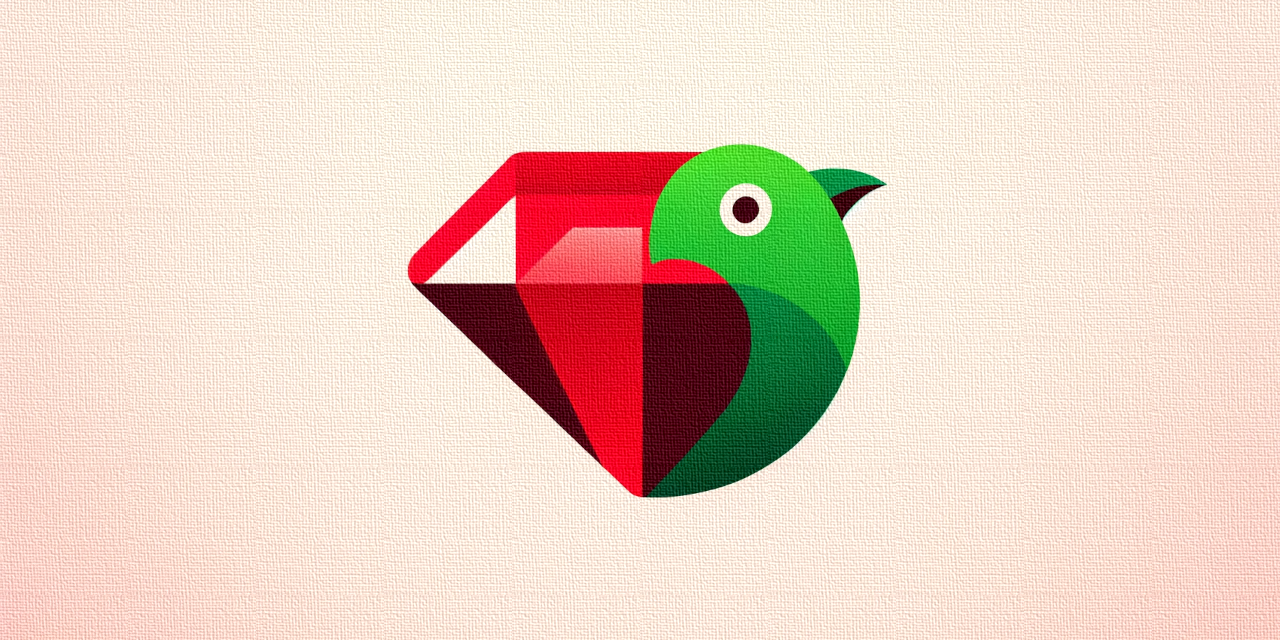 The image features a minimalist logo combining a red ruby and a green Brazilian maritaca bird. The left side shows a flat, smooth red ruby, while the right side transitions to a vibrant green maritaca bird, both depicted in a simple, stylized manner. The background is a subtle gradient, enhancing the logo's modern and clean design..