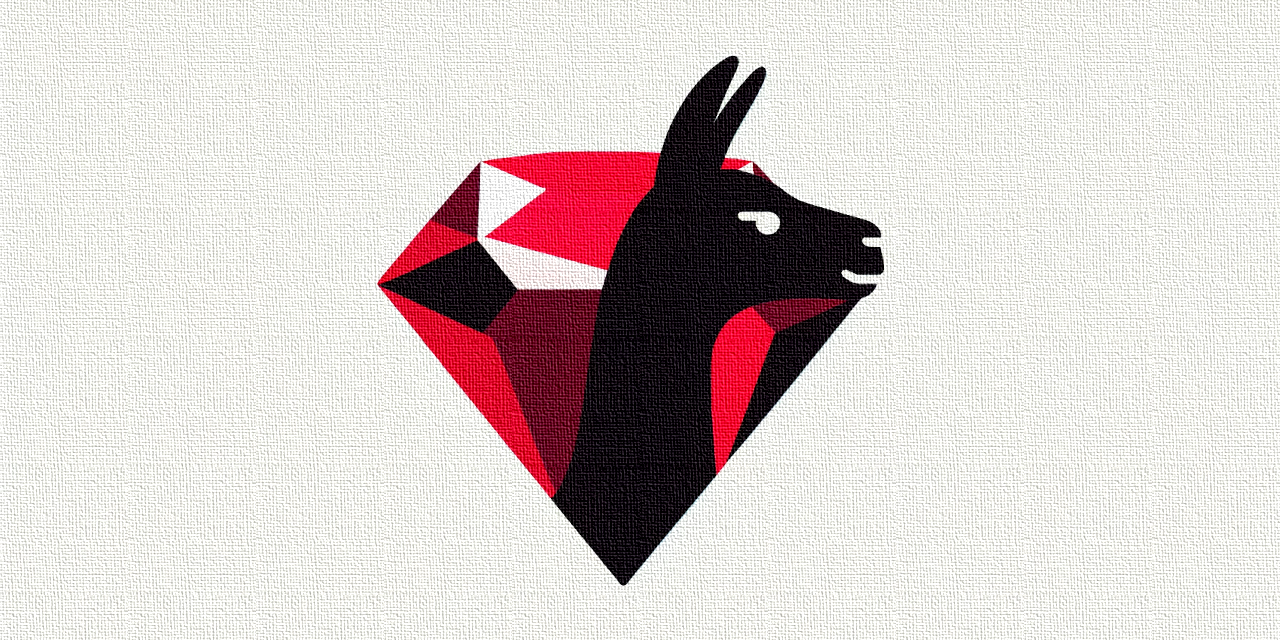 The image presents a llama's head merged with a red ruby gemstone against a light beige background. The red facets form both the ruby and the contours of the llama, creating a clever visual fusion.
