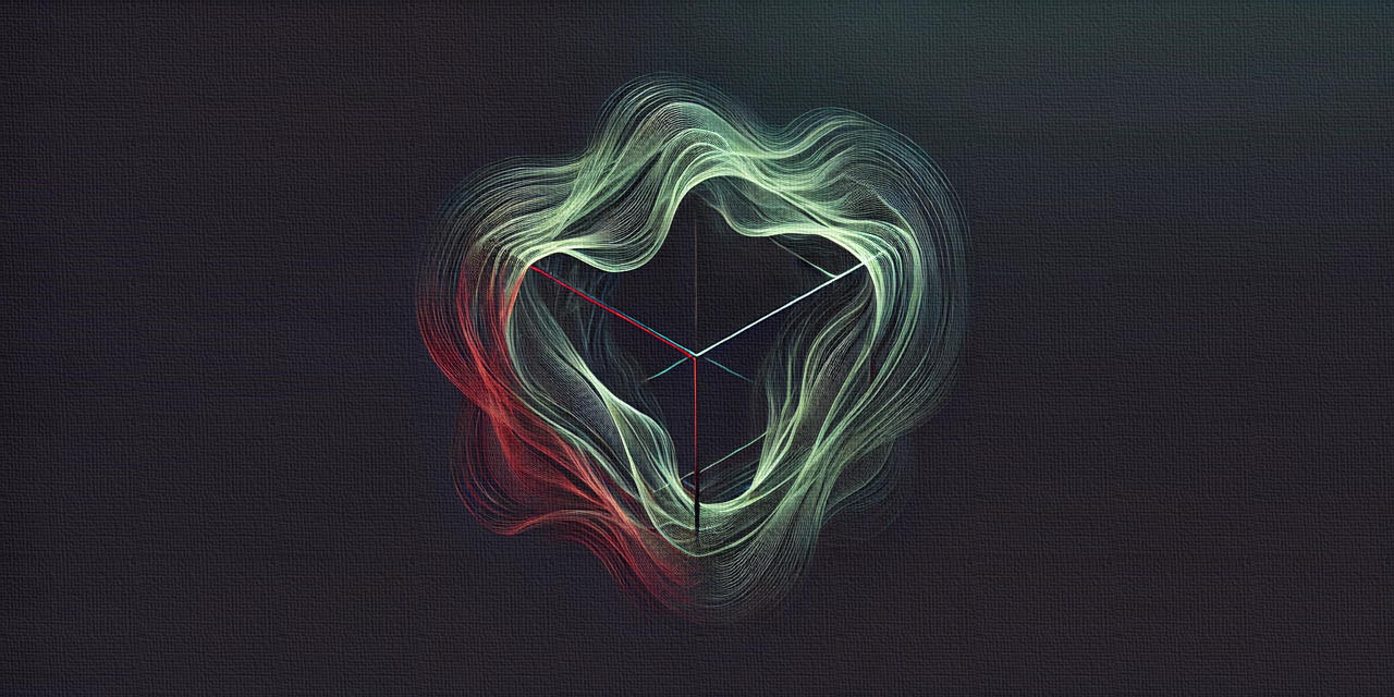 The image features a logo with curved lines forming a tesseract, suggesting distortion and movement like space-time.