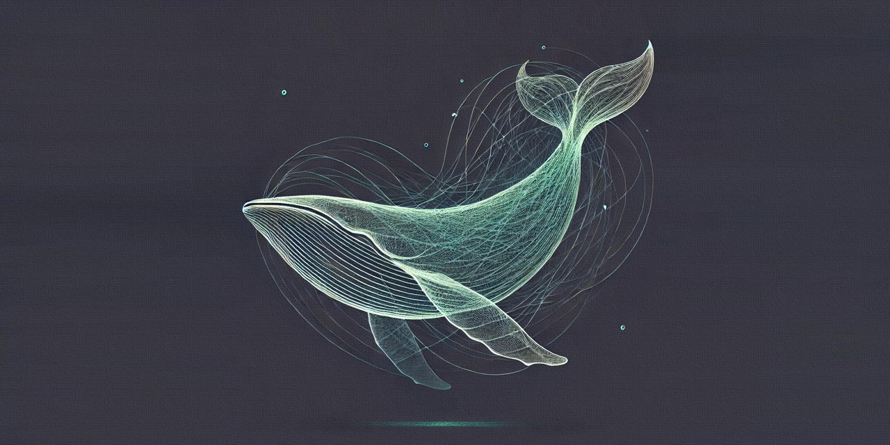 The image features a logo with curved lines forming a whale, suggesting distortion and movement like space-time.