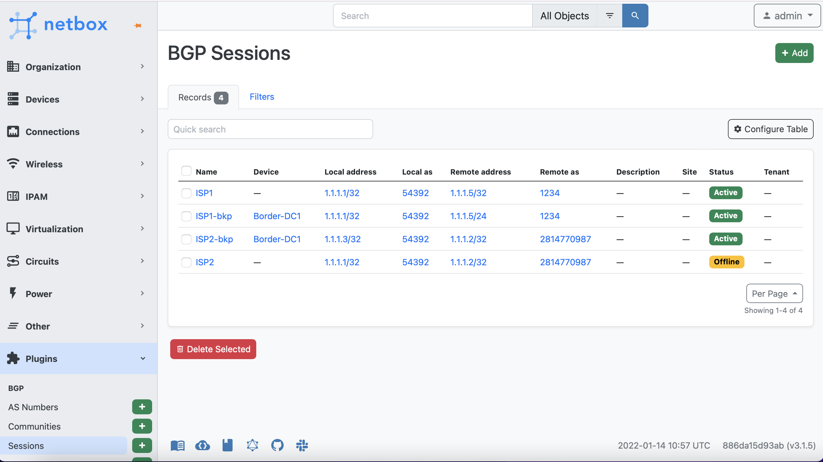 BGP Session Table