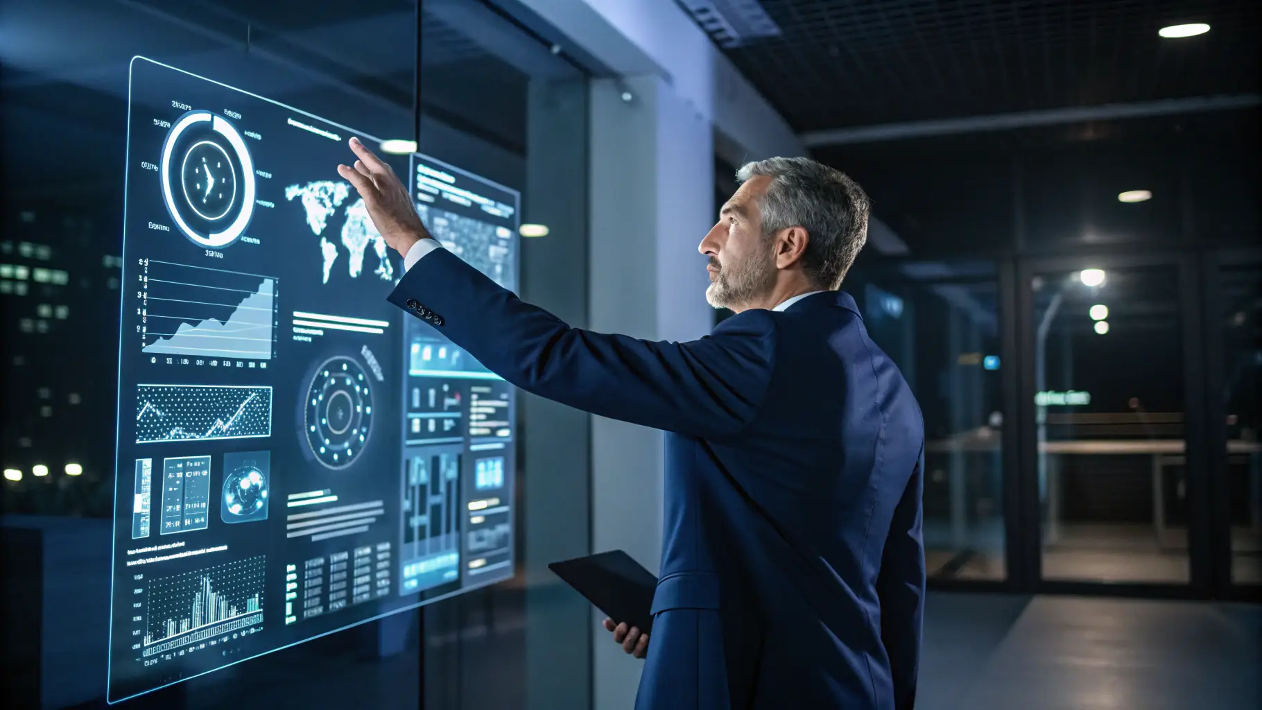 Enterprise AI dashboard showing connected systems and data analytics