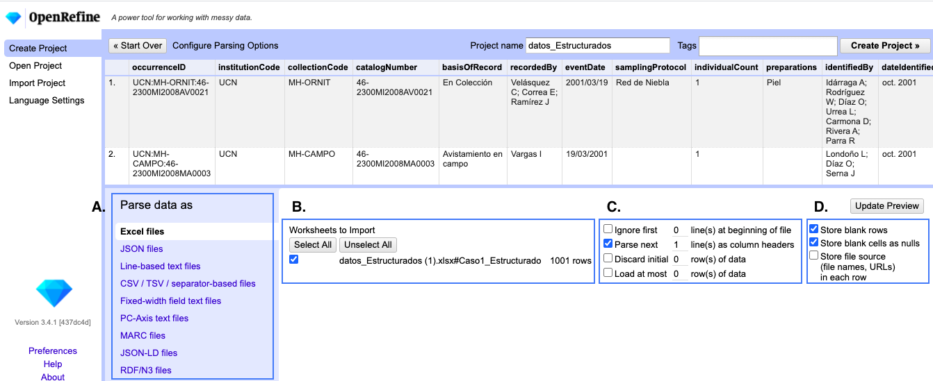 Figura 2. Opciones para configurar la lectura y carga de los datos para un archivo Excel
