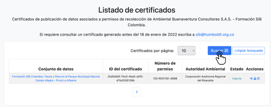 Figura 12. Botón para buscar certificados generados dentro de la vista de Listado de certificados.