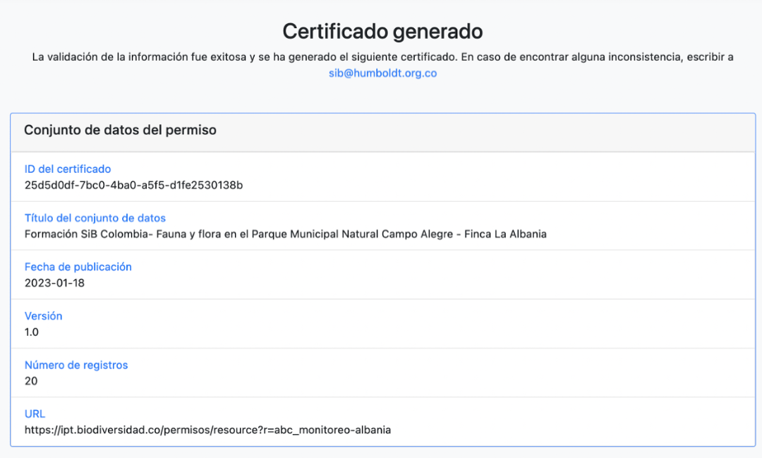 Figura 9. Vista del certificado generado exitosamente a través de CR-SiB, la cuál contiene información general del certificado con su respectivo identificador persistente.