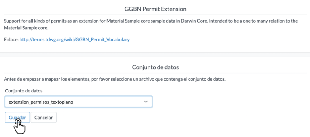 Figura 11. Selección de archivo con los datos para el mapeo de la extensión GGBN Permit.