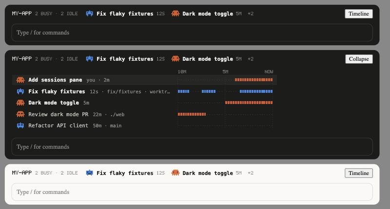 Sessions pane in light and dark mode