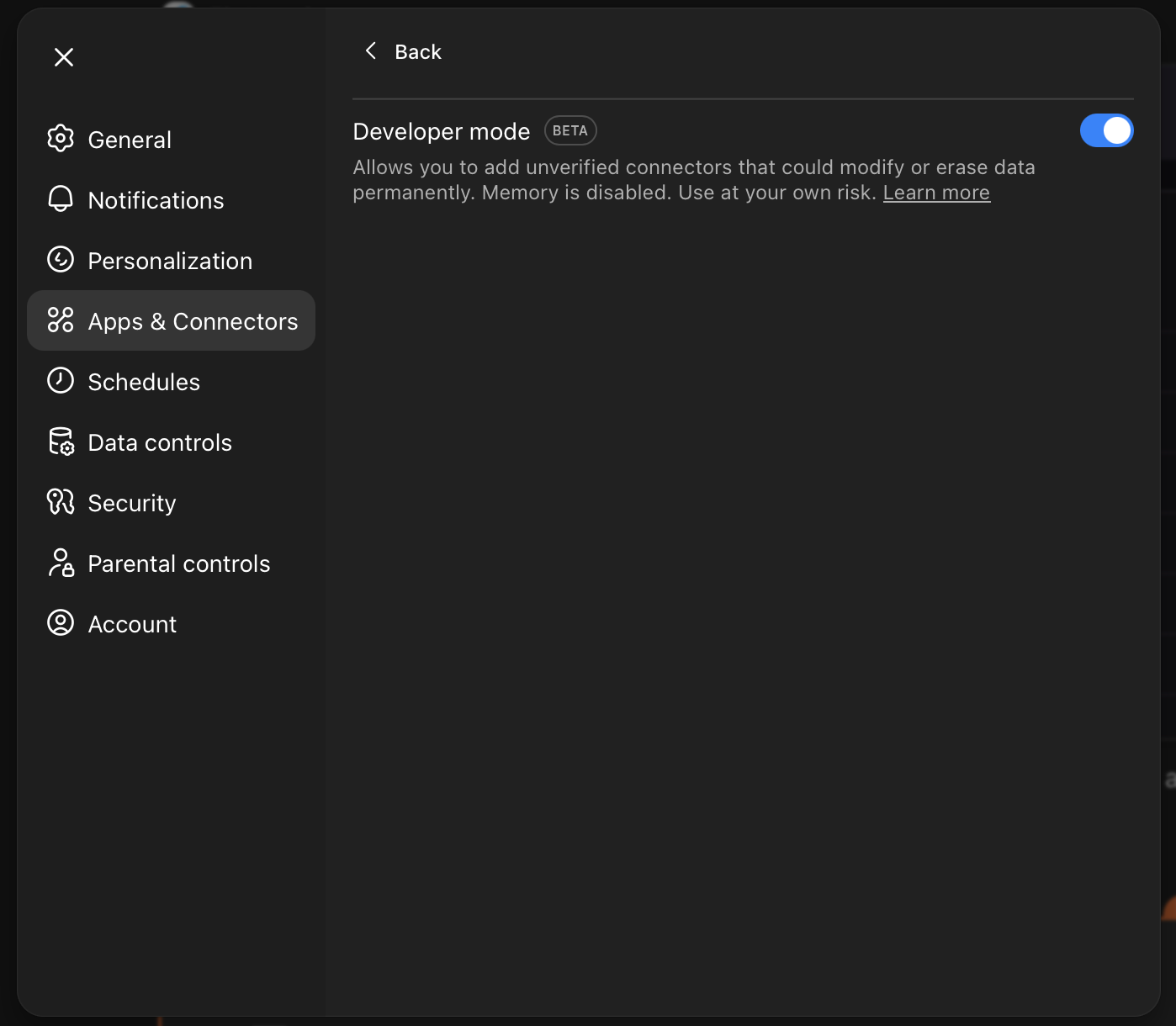 OpenAI Advanced Settings - Developer Mode