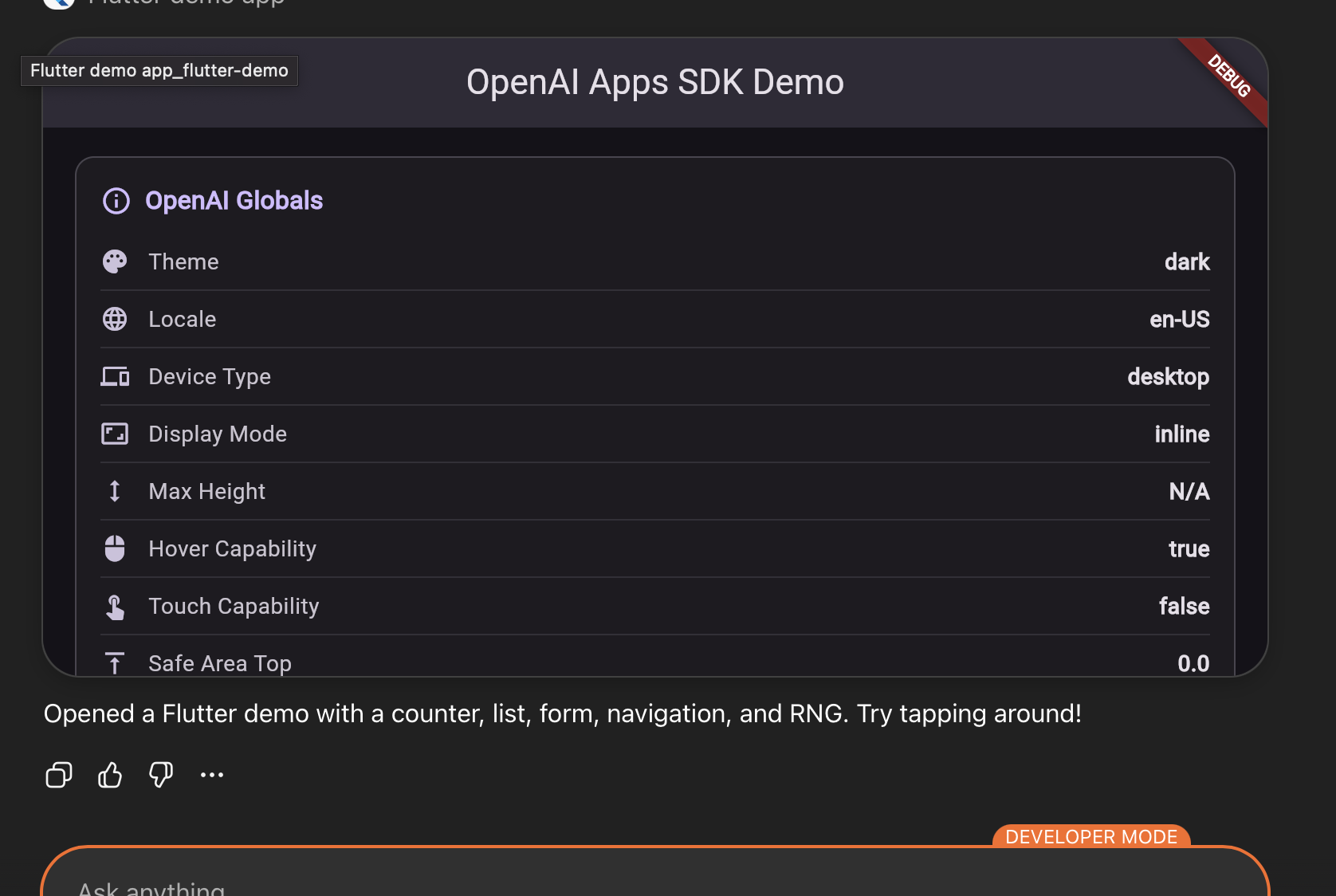 Flutter app running inside ChatGPT - View 2