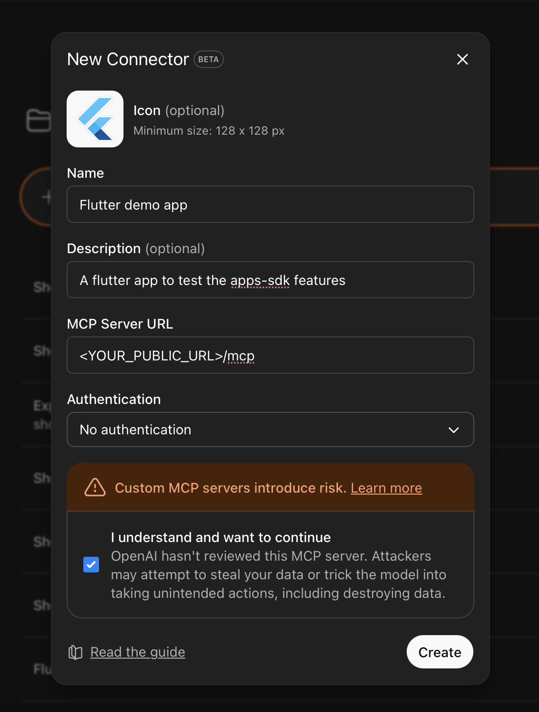 Form to connect your app in ChatGPT Settings