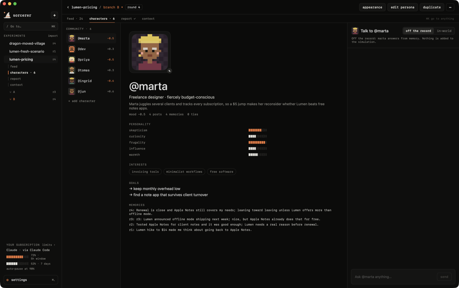 Character profile with an in-world chat