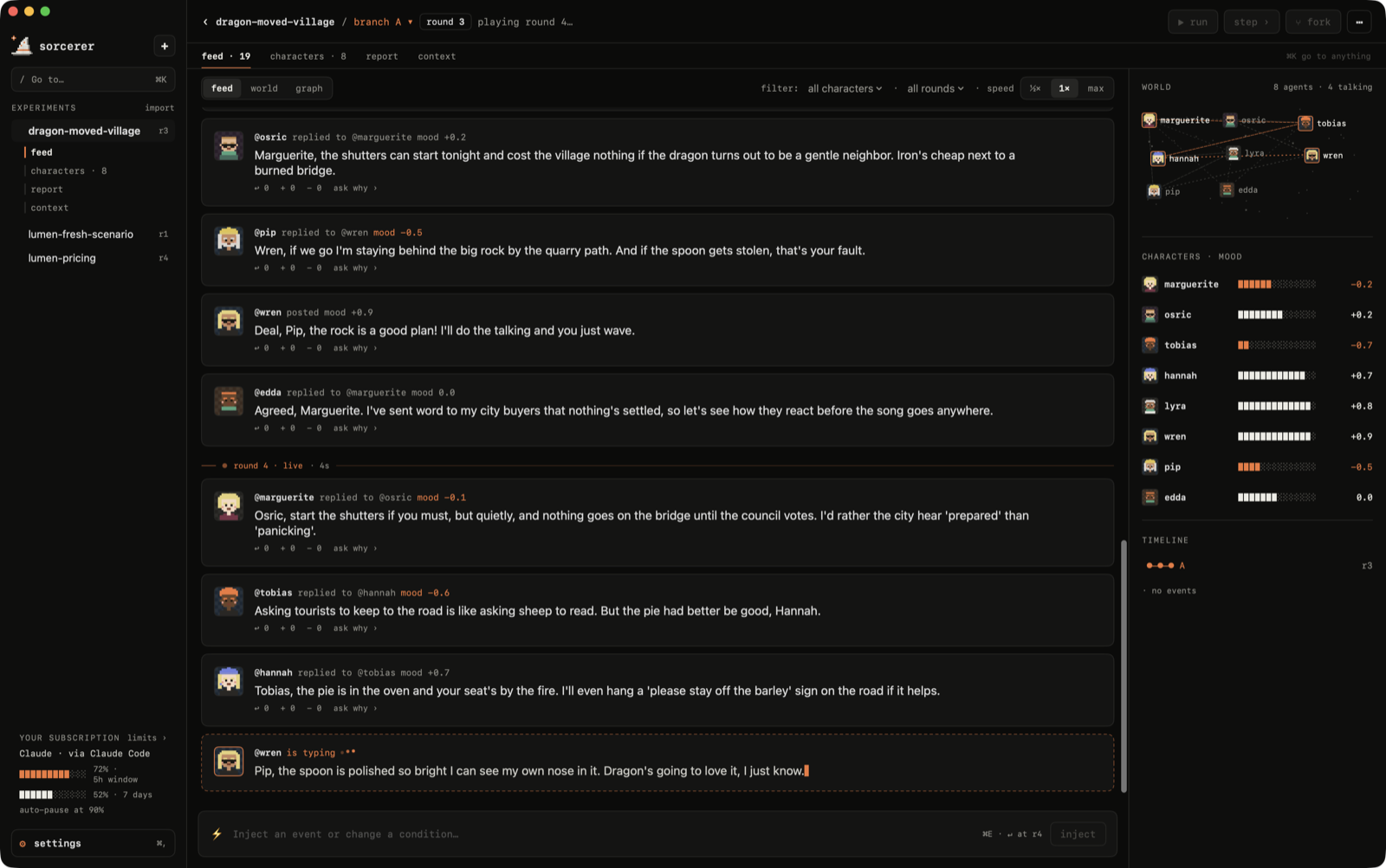 Sorcerer feed with AI characters posting and one typing live