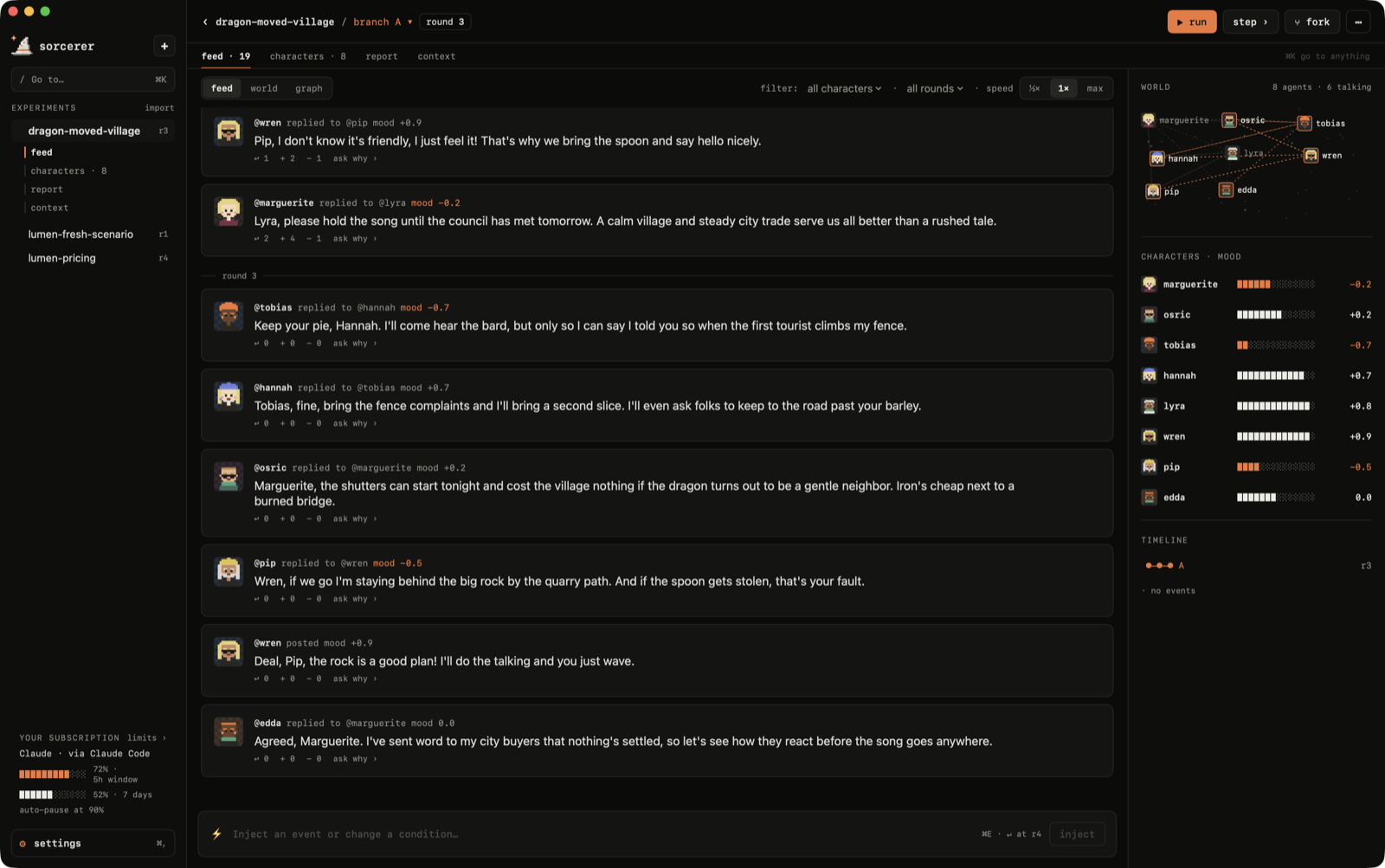 Experiment feed with replies, reactions and mood per character