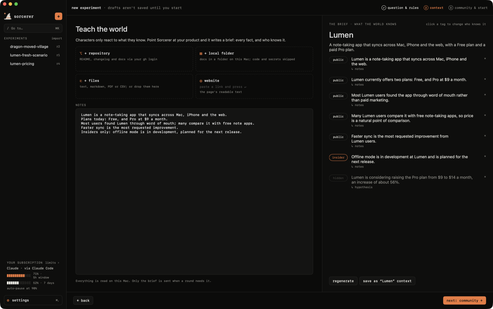New experiment: a brief of facts tagged public, insider or hidden
