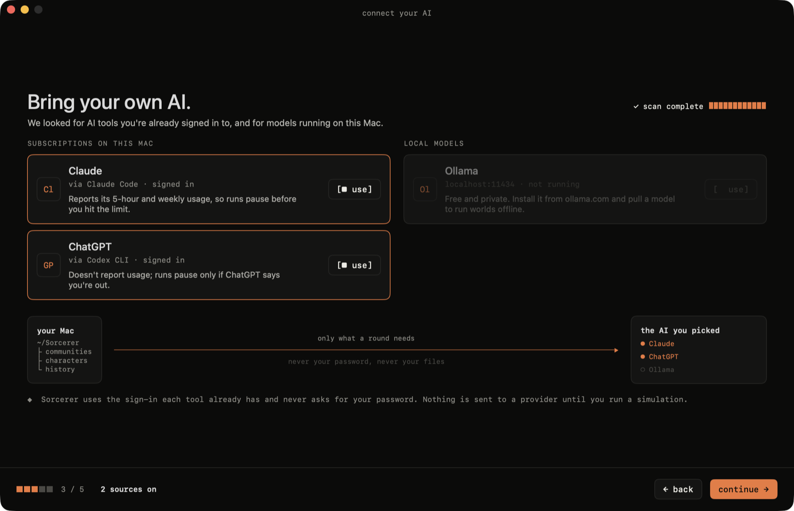 Onboarding: Sorcerer finds the Claude, Codex and Ollama tools on your Mac