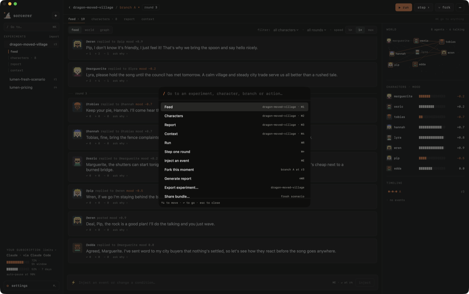 Command palette to jump to experiments, characters and actions