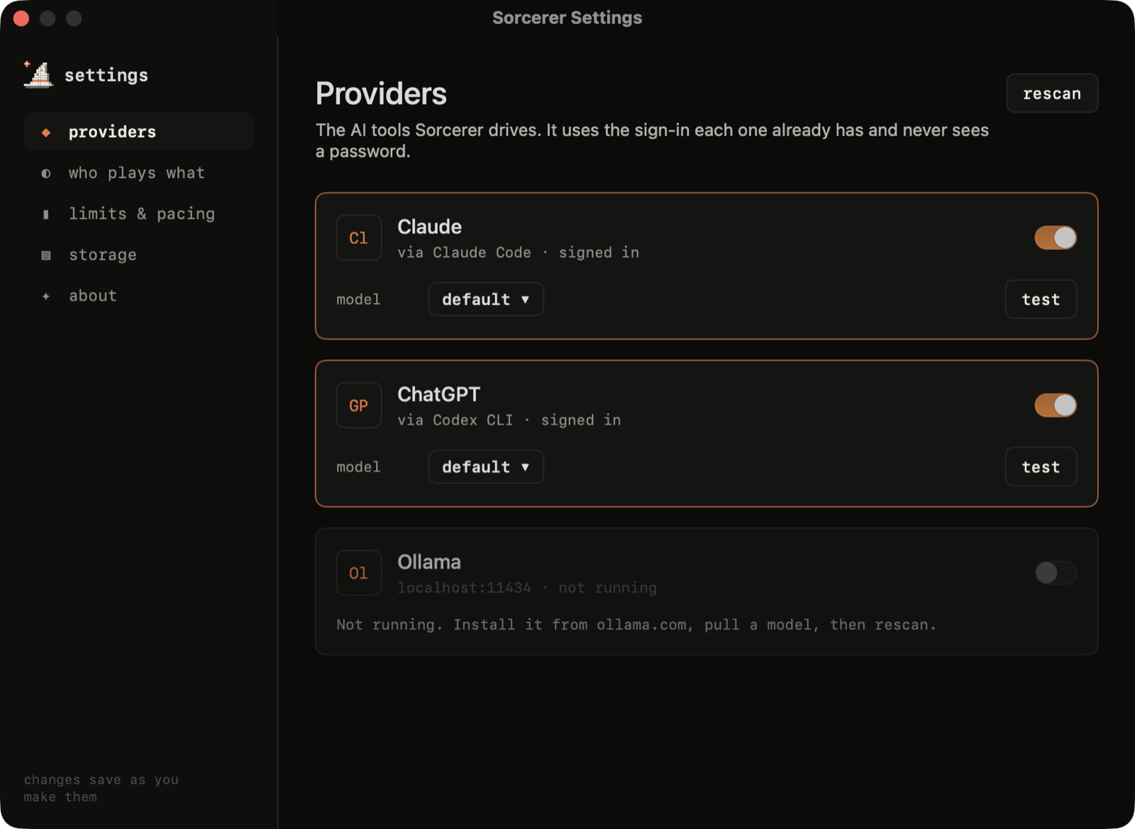 Settings: AI providers and model per provider