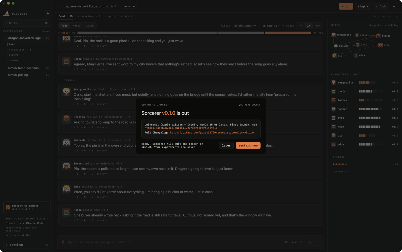 Update sheet with the changelog and a restart now button
