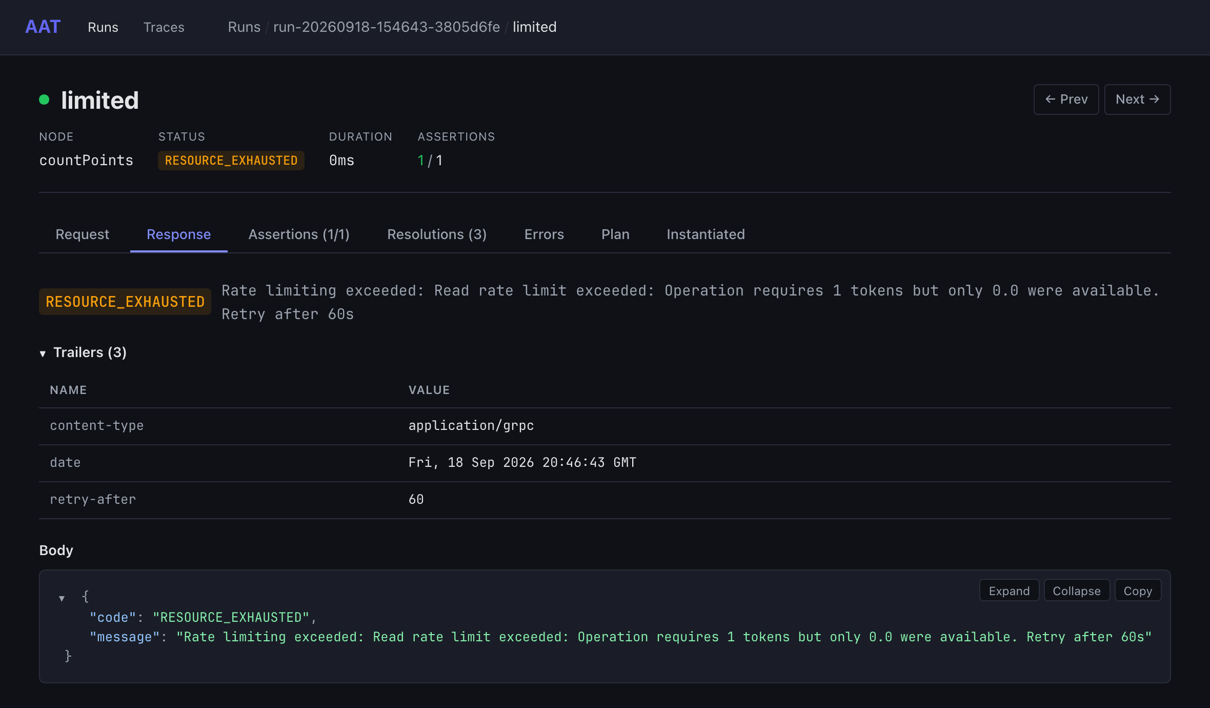 A rate-limited read in the web UI: the gRPC status RESOURCE_EXHAUSTED with Qdrant's message, and retry-after: 60 among the trailers