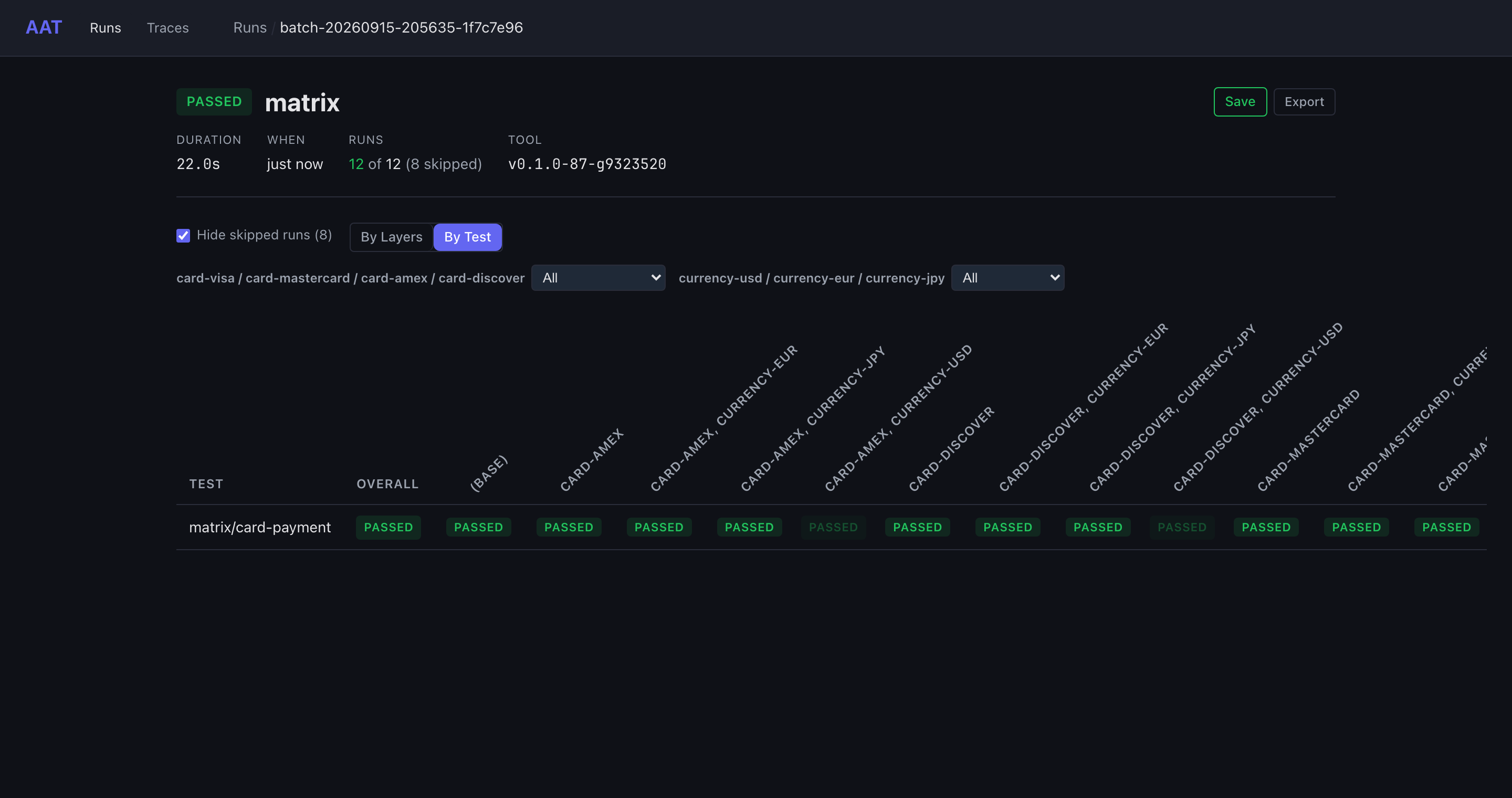 The card brand matrix batch in the web UI's By Test view: one row per plan, one column per layer permutation